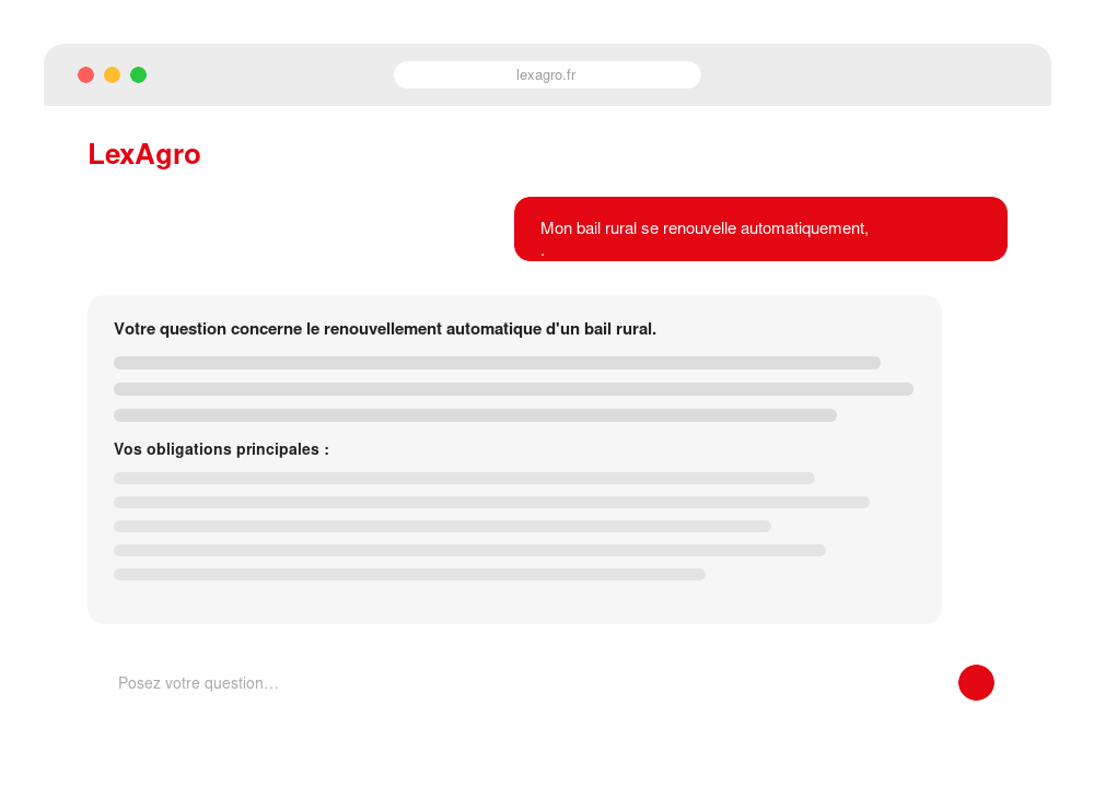 Aperçu de l'assistant LexAgro répondant à une question sur le bail rural